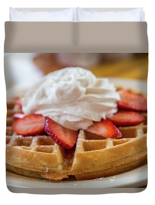 St Simons Duvet Cover featuring the photograph Waffle Topped with Strawberries and Whipped Cream by Darryl Brooks