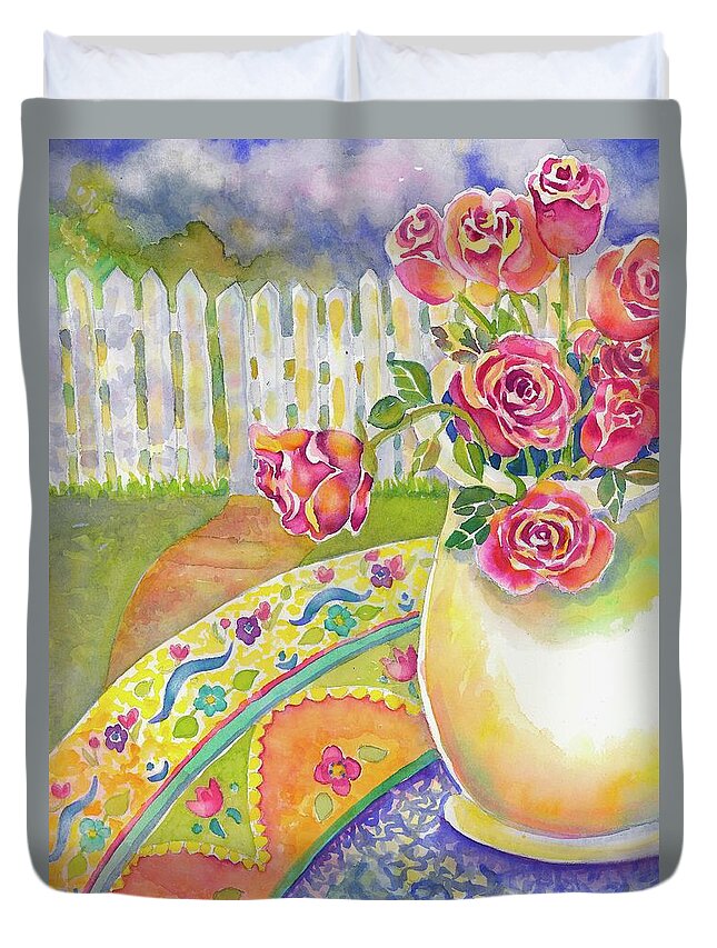 Watercolor Duvet Cover featuring the painting Waiting on A Friend by Ann Nicholson