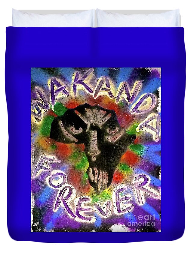 Comic Book Art Duvet Cover featuring the painting WAKANDA FOREVER blue by Tony B Conscious
