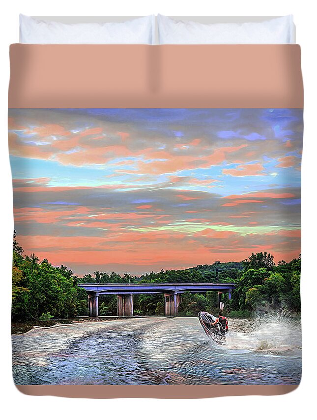 Action Duvet Cover featuring the photograph Wake Jumper by Robert FERD Frank