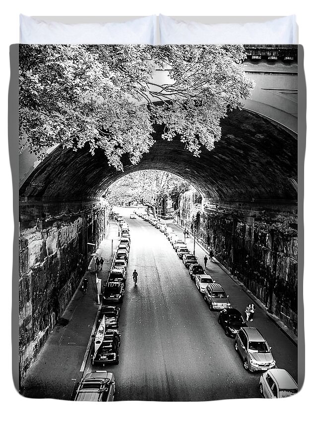 Black And White Duvet Cover featuring the photograph Walk the Tunnel by Perry Webster