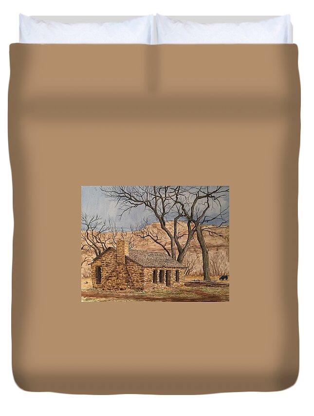 Cabin Duvet Cover featuring the painting Walker Homestead in Escalante Canyon by Rick Adleman
