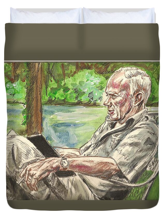 Walker Percy Duvet Cover featuring the painting Walker Percy at the Lake by Bryan Bustard