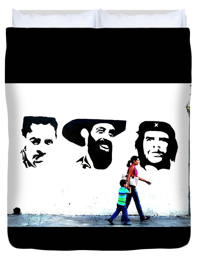 Havana Duvet Cover featuring the photograph Walking a revolution Wall in Havana Cuba by Funkpix Photo Hunter