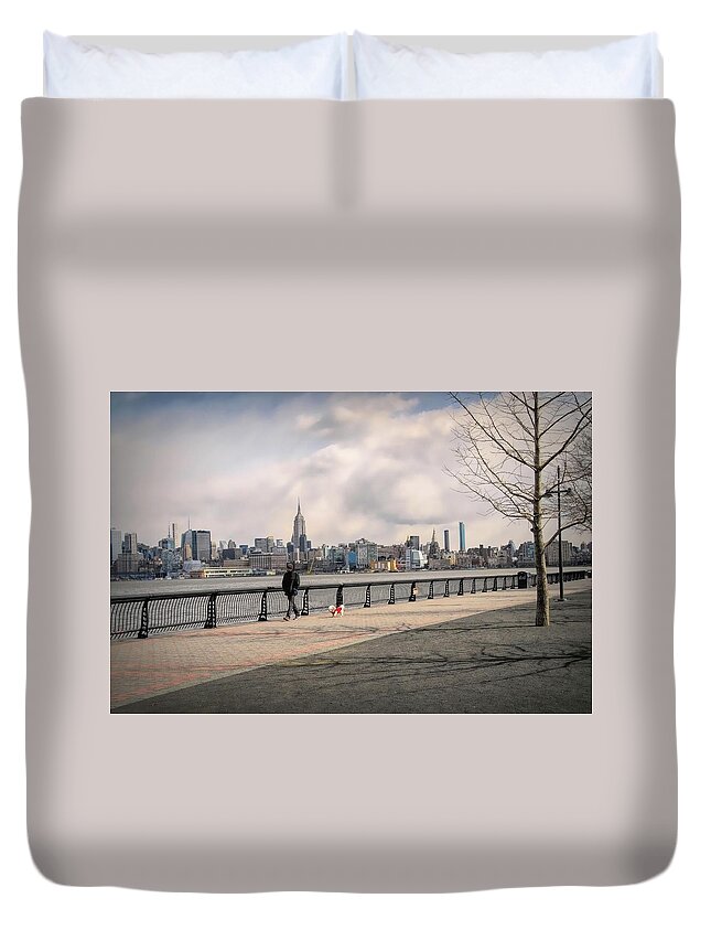New Jersey Duvet Cover featuring the photograph Walking Along Hoboken's Hudson River Waterfront Walkway by Dyle Warren