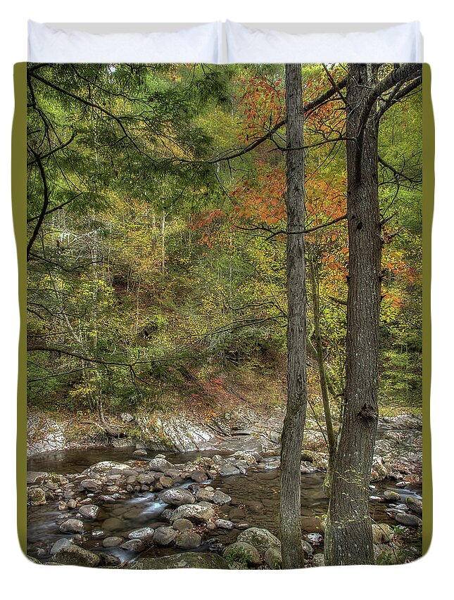 Stream Duvet Cover featuring the photograph Walking Along The Edge by Mike Eingle