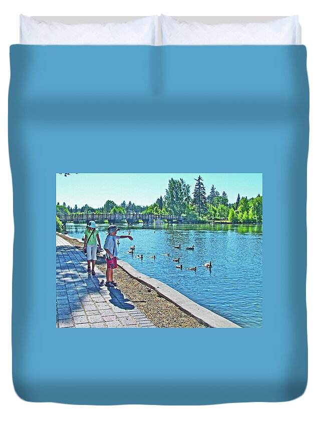 Walkway By The Des Chutes River In Bend Duvet Cover featuring the photograph Walkway by the Des Chutes River in Bend, Oregon by Ruth Hager