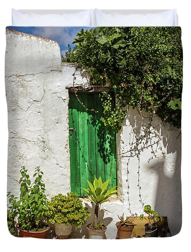 Wall Duvet Cover featuring the photograph Wall with Green Door by Jeff Townsend