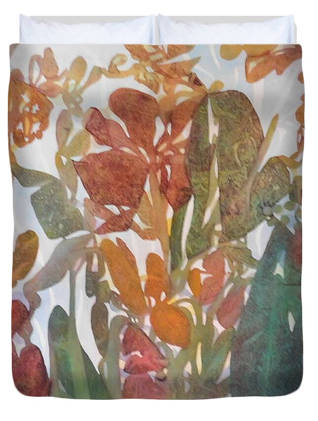 Warm Shades Of Coral Duvet Cover featuring the painting Julie's Garden by Joan Clear