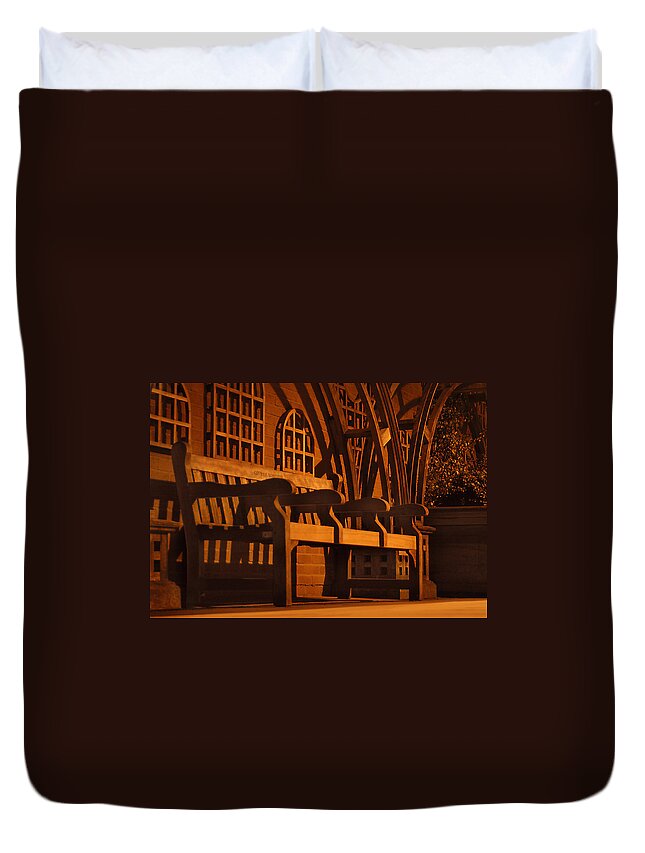 Wood Duvet Cover featuring the photograph Warmth of a London Bench by Mike McGlothlen