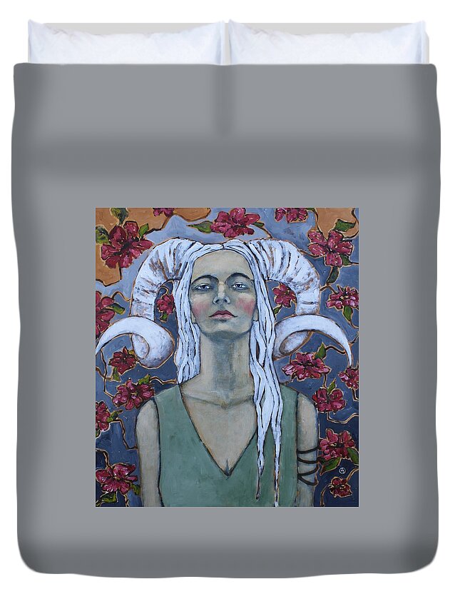 Mixed Media Duvet Cover featuring the painting Warrior by Jane Spakowsky