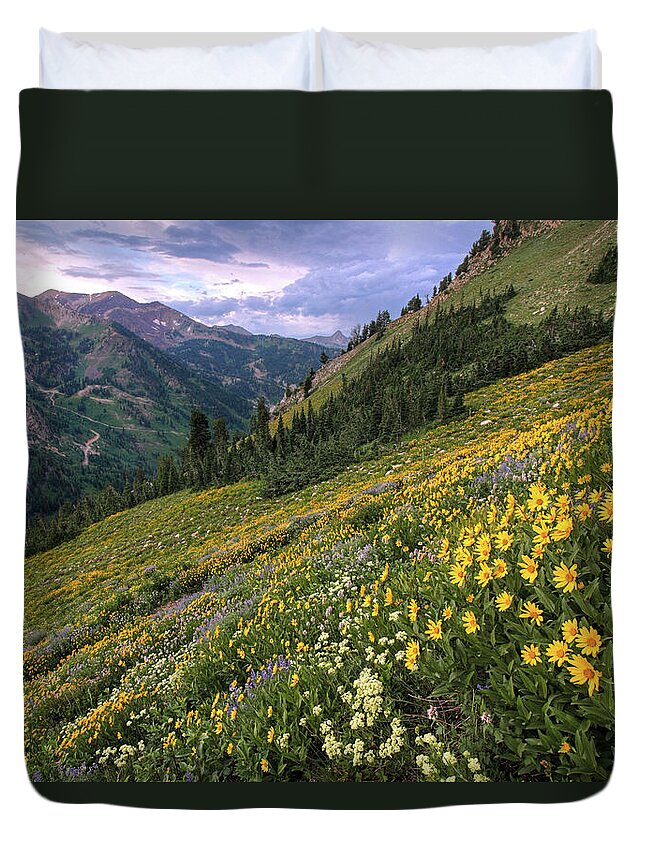 Utah Duvet Cover featuring the photograph Wasatch Wildflowers Canyon View and Storm - Utah by Brett Pelletier