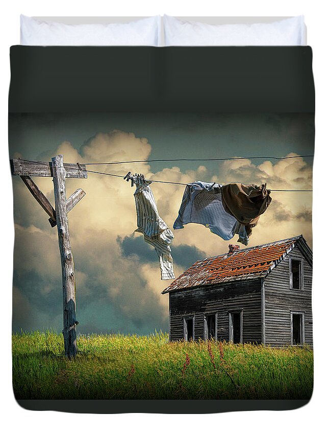 Clothes Duvet Cover featuring the photograph Wash on the Line by Abandoned House by Randall Nyhof