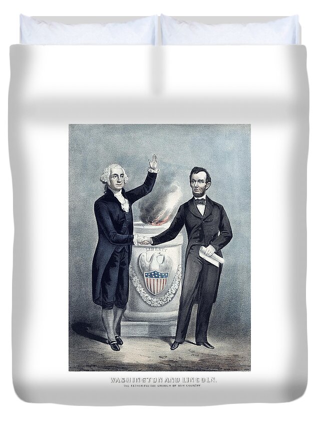 Abraham Lincoln Duvet Cover featuring the painting Washington And Lincoln Shaking Hands by War Is Hell Store