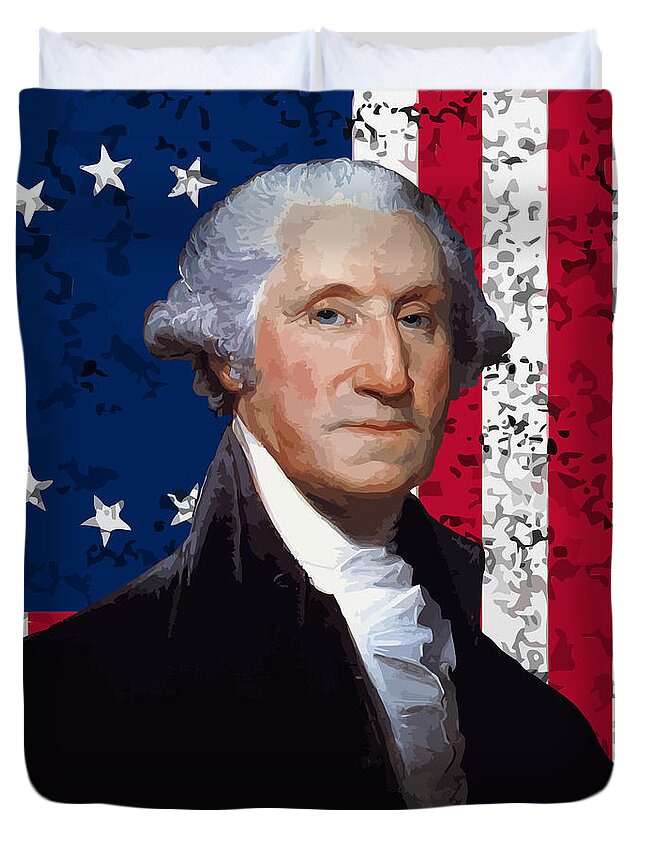 George Washington Duvet Cover featuring the painting Washington and The American Flag by War Is Hell Store