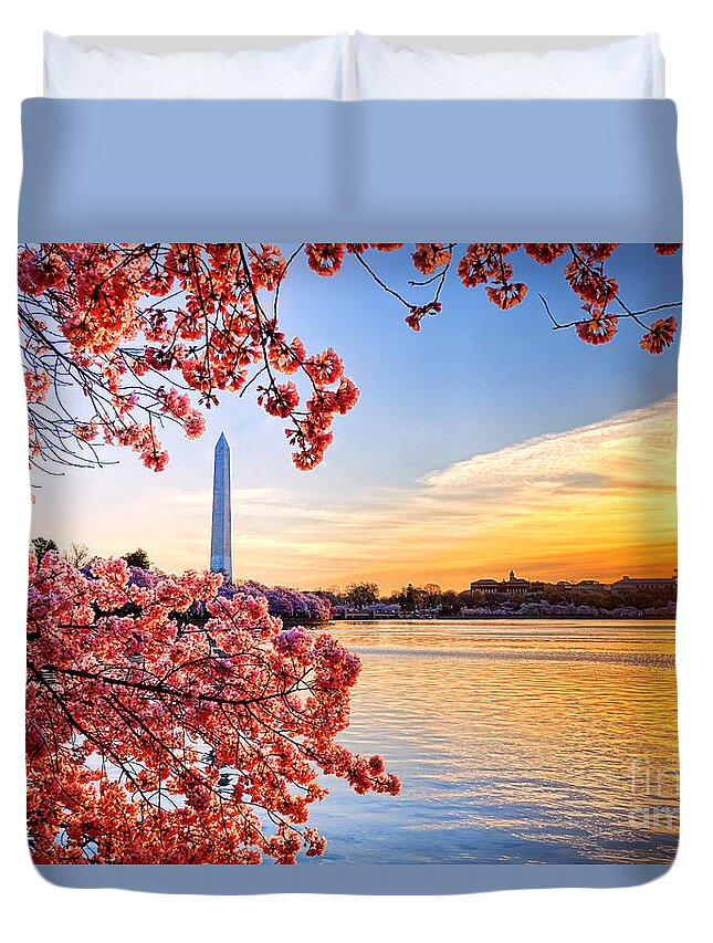 Washington Duvet Cover featuring the photograph Washington Cherry Tree Sunrise by Olivier Le Queinec