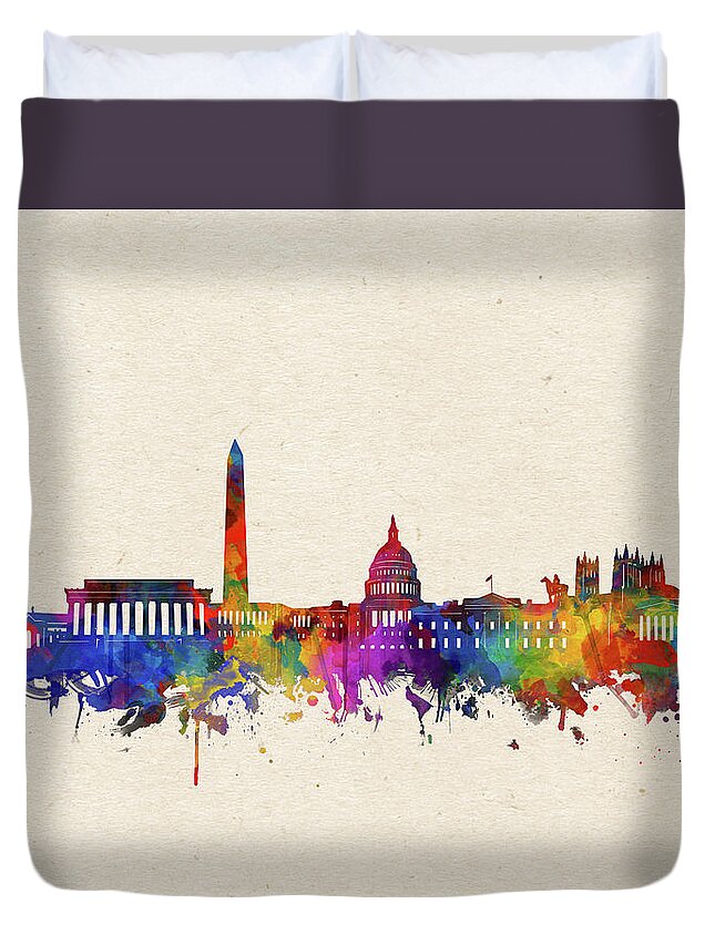 Washington Dc Duvet Cover featuring the digital art Washington Dc Skyline Watercolor 2 by Bekim M