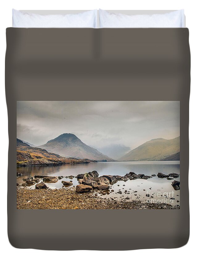 Lake - Mountains - England - Rocks - Shore - Landscape - Hills - Mist - Grass - Reflections - Clouds Duvet Cover featuring the photograph Wast winter by Chris Horsnell