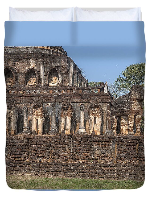 Temple Duvet Cover featuring the photograph Wat Chang Lom Lion Figures on Main Chedi DTHST0122 by Gerry Gantt