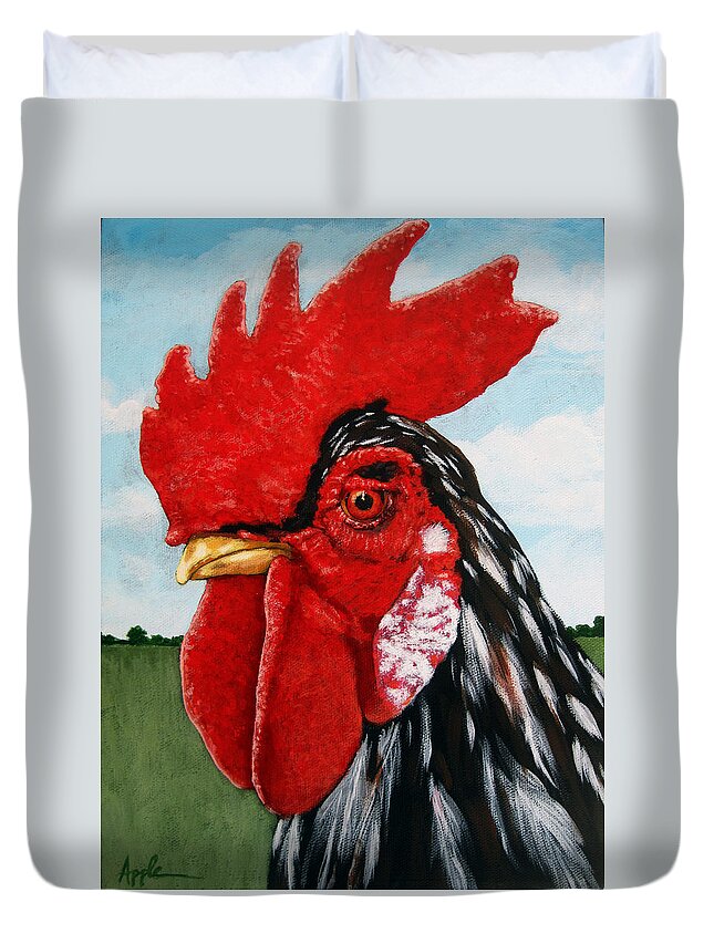 Farm Animal Duvet Cover featuring the painting Watchful Rooster painting farm animal by Linda Apple