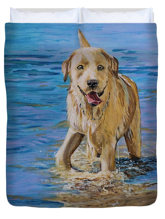 Water Duvet Cover featuring the painting Water Dog by Jackie MacNair