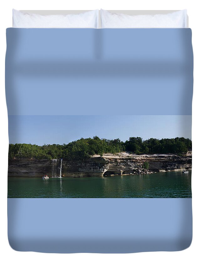 Water Falls Duvet Cover featuring the photograph Water Falls Pictured Rocks National Lakeshore Upper Peninsula Michigan Panorama 01 by Thomas Woolworth