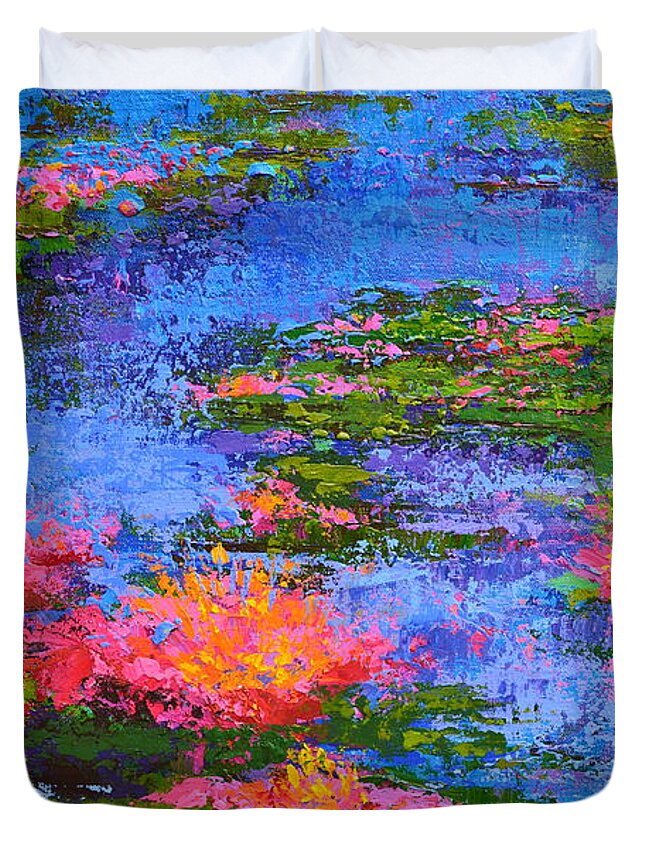 Water Lilies Acrylic Painting Inspired By Claude Monet Water Lilies Duvet Cover featuring the painting Waterlilies Lily Pads - Modern Impressionist Landscape Palette Knife work by Patricia Awapara