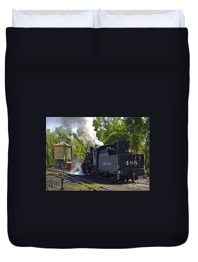 Cumbres & Toltec Duvet Cover featuring the photograph A Drink for the Iron Horse by Tim Mulina