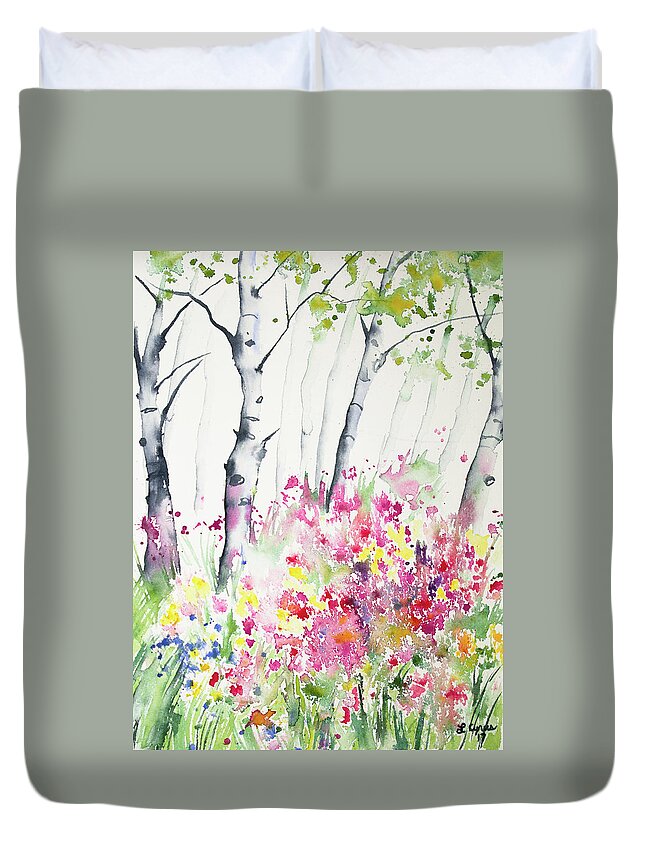 Aspen Duvet Cover featuring the painting Watercolor - Birch and Wildflowers by Cascade Colors