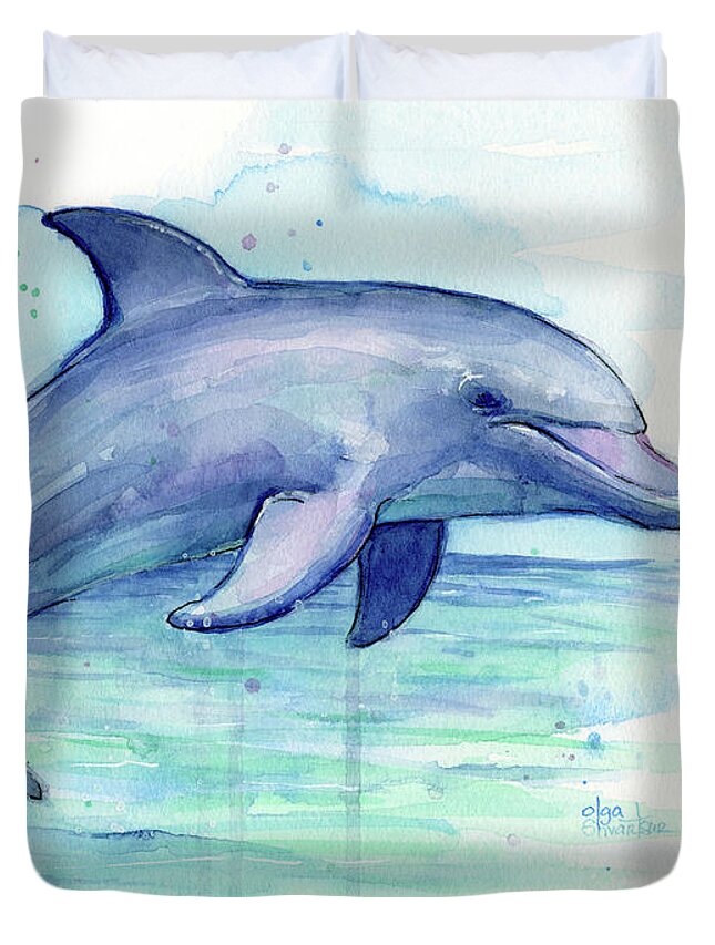 Dolphin Duvet Cover featuring the painting Watercolor Dolphin Painting - Facing Right by Olga Shvartsur