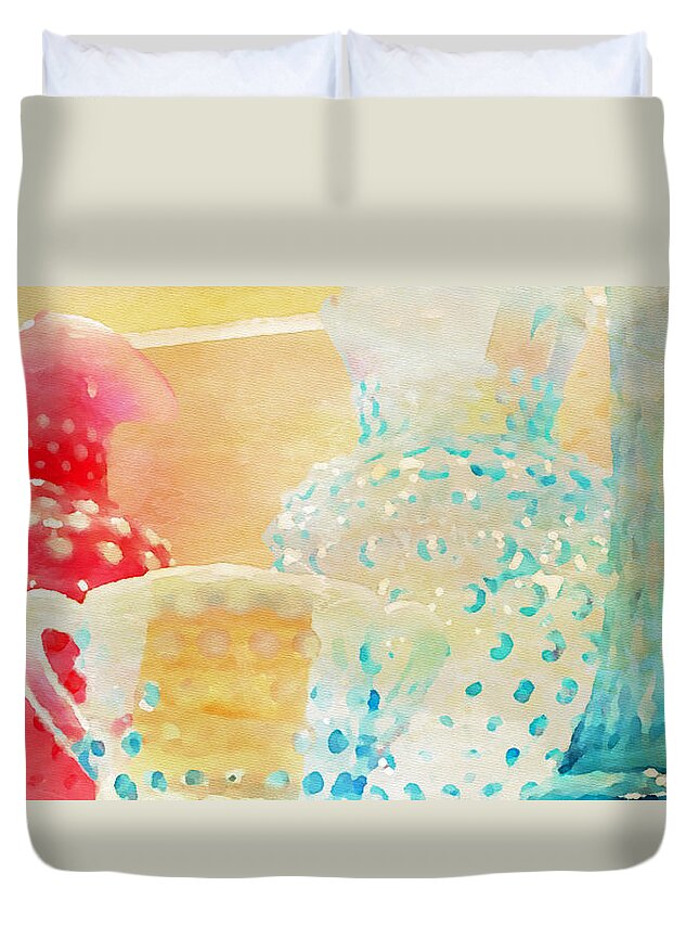 Watercolor Print Duvet Cover featuring the painting Watercolor Glassware by Bonnie Bruno