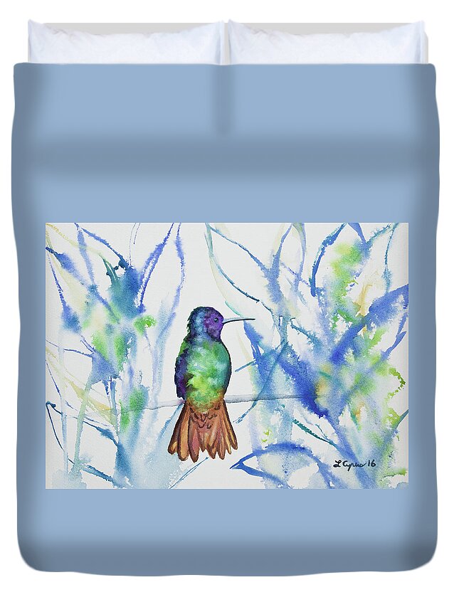 Golden-tailed Sapphire Duvet Cover featuring the painting Watercolor - Golden-tailed Sapphire by Cascade Colors