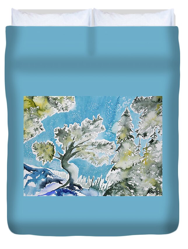 Dream Lake Duvet Cover featuring the painting Watercolor - Limber Pine at Dream Lake by Cascade Colors