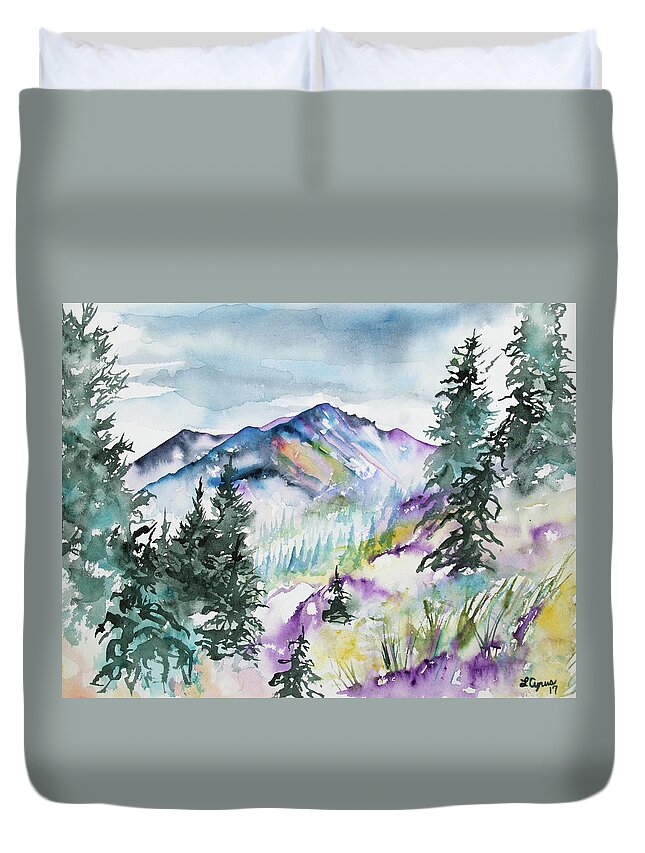 Long's Peak Duvet Cover featuring the painting Watercolor - Long's Peak Summer Landscape by Cascade Colors