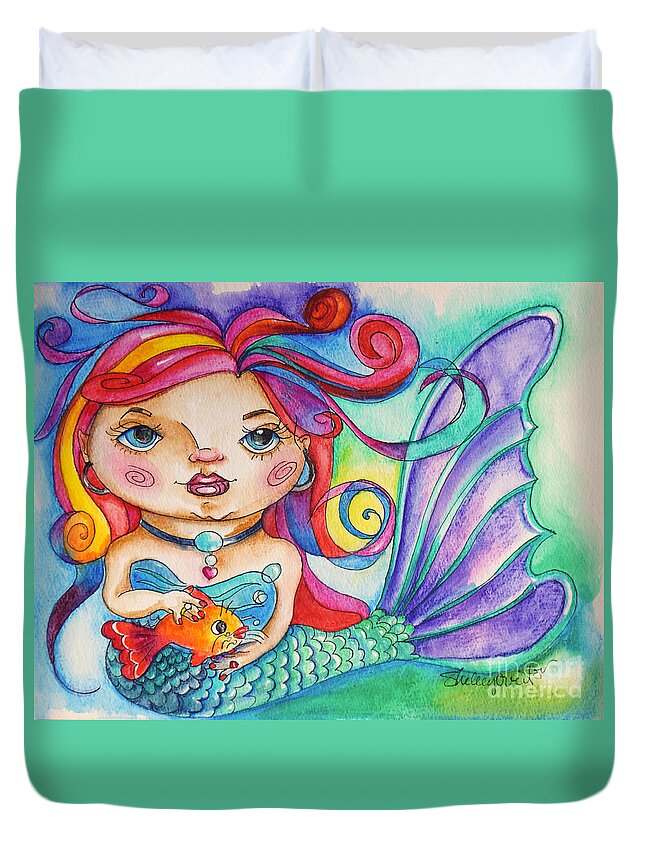 Mermaid Duvet Cover featuring the mixed media Watercolor Mermaidia Mermaid Painting by Shelley Overton