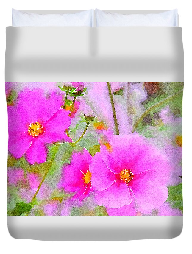 Watercolor Floral Duvet Cover featuring the painting Watercolor Pink Cosmos by Bonnie Bruno
