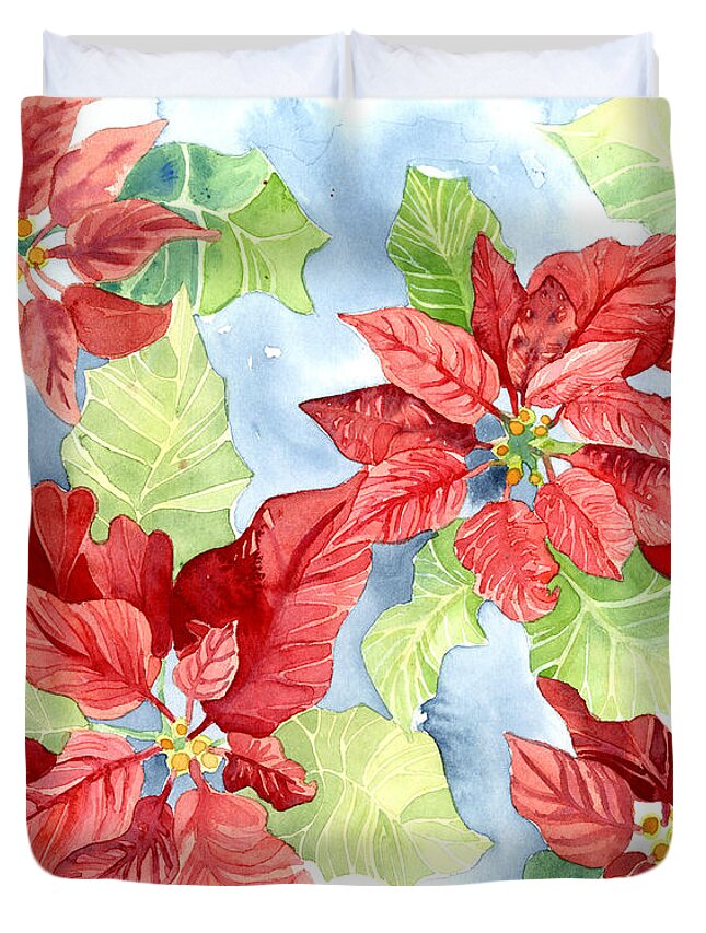 Poinsettia Duvet Cover featuring the painting Watercolor Poinsettias Christmas Decor by Audrey Jeanne Roberts