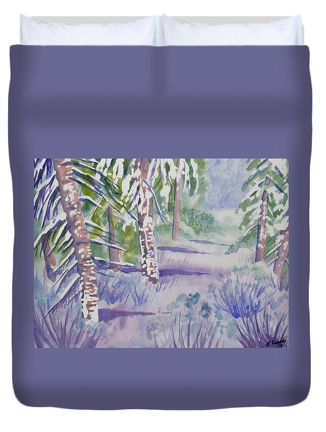 Path Duvet Cover featuring the painting Watercolor - Snowy Winter Path by Cascade Colors