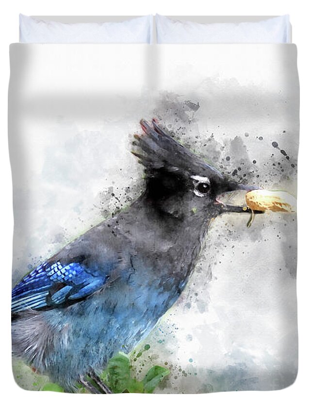 Bird Duvet Cover featuring the digital art Watercolored Steller's Jay by Teresa Zieba