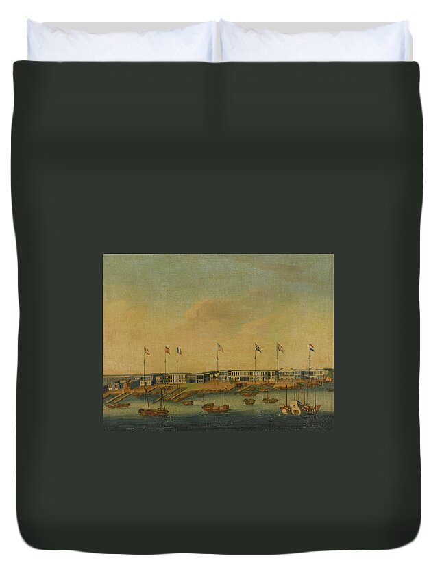Waterfront View Of The Foreign Hongs (factories) At Canton (guangzhou) Circa 1803 Duvet Cover featuring the painting Waterfront View Of The Foreign by MotionAge Designs