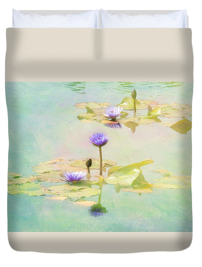 Flowers Fauna Water Textures Leaves Pads Duvet Cover featuring the photograph Waterlillies by Carolyn D'Alessandro