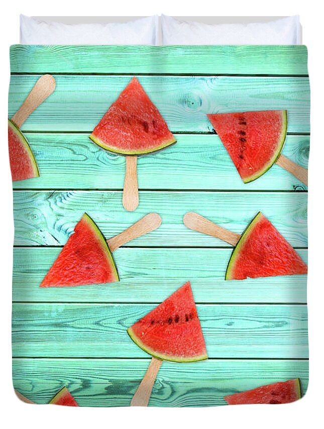 Summer Duvet Cover featuring the photograph Watermelon popsicles on blue by Delphimages Photo Creations