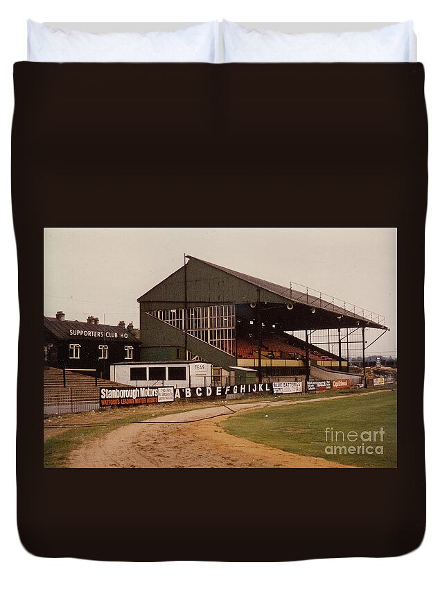  Duvet Cover featuring the photograph Watford - Vicarage Road - Main Stand 1 - 1969 by Legendary Football Grounds