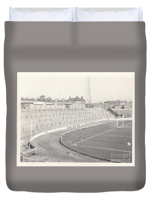  Duvet Cover featuring the photograph Watford - Vicarage Road - Vicarage Road Terrace 1 - 1968 - BW by Legendary Football Grounds
