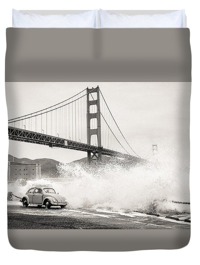Richard Kimbrough Duvet Cover featuring the photograph Waves Crash over a Vintage Beetle in Front of the Golden Gate Bridge San Francisco California BW by Richard Kimbrough