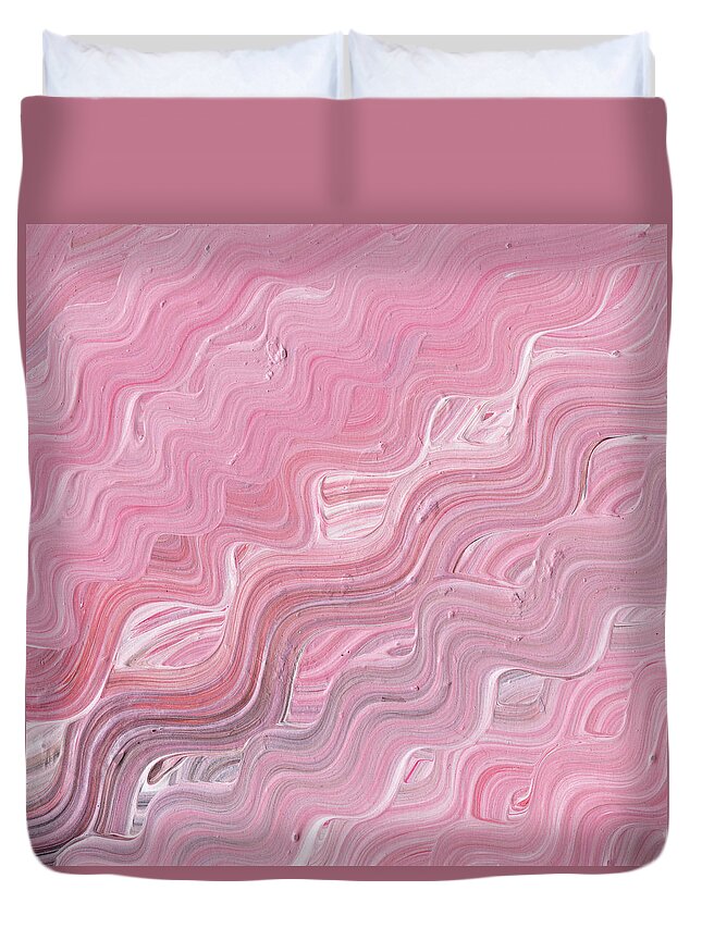 Abstract Duvet Cover featuring the painting Wavy Pink Brush Strokes Abstract Art For Interior Decor VIII by Irina Sztukowski