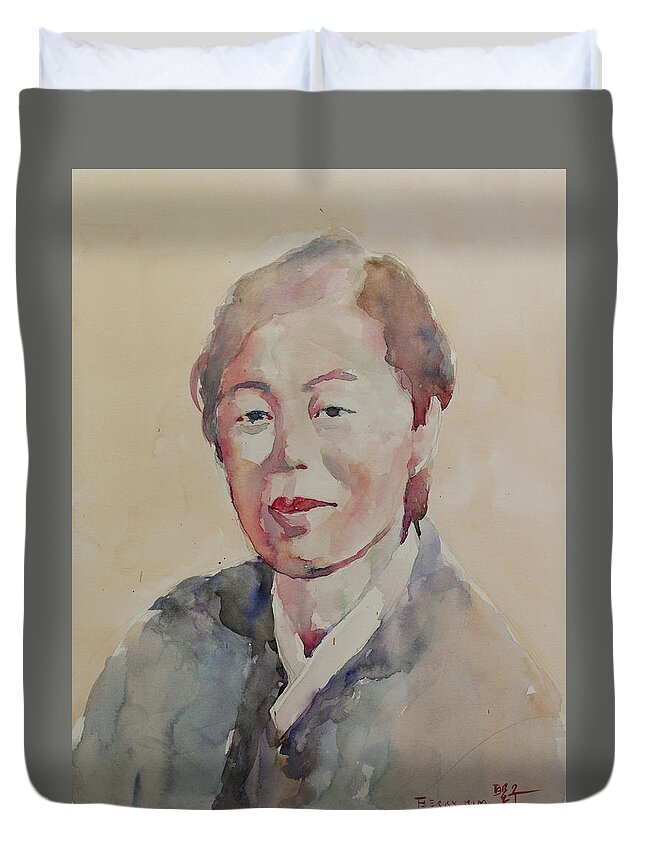 Watercolor Duvet Cover featuring the painting WC Portrait 1625 My Mama by Becky Kim