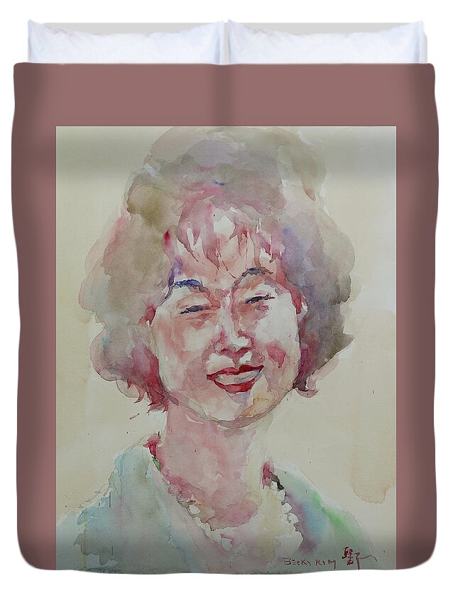 Watercolor Duvet Cover featuring the painting WC Portrait 1627 My Sister Hyunju by Becky Kim
