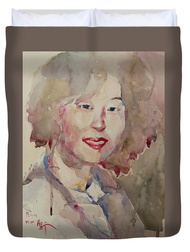 Watercolor Duvet Cover featuring the painting WC Portrait 1628 My Sister Hyunsook by Becky Kim