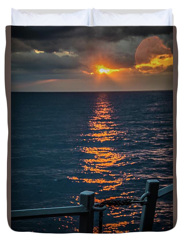 Navy Duvet Cover featuring the photograph Weather Deck Sunset by Larkin's Balcony Photography